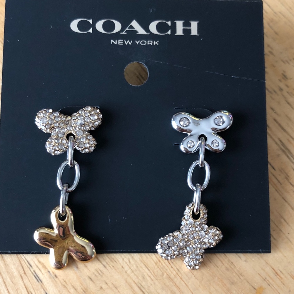 Coach Two-Tone Double Butterfly Drop Earrings Pave Crystal Accents NWT - Picture 7 of 12